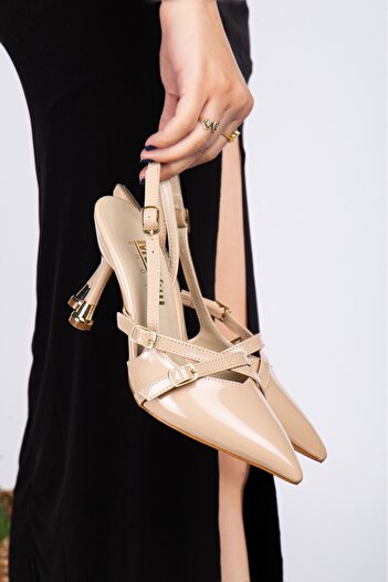 Madame Selin Women's Beige Open Back Special Design Heel Front Gold Buckle Stylish Women's Stiletto