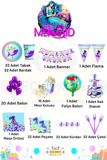 ECM PARTI Mermaid Themed Maxi Birthday Party Set for 32 People