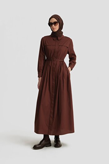 Armine Red Brown Cotton Dress 24K9903 - Cross Belt