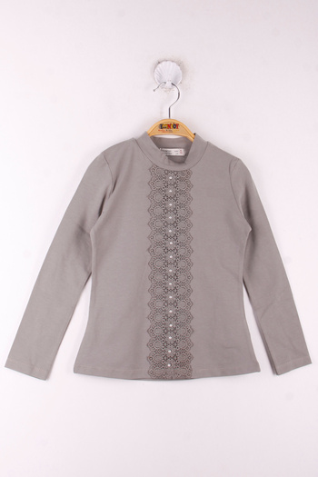 Toontoy Girl's Lace and Pearl Detailed School T-Shirt