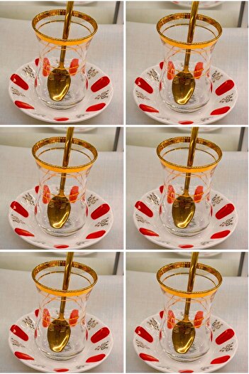 DUKKANI ISTANBUL Paşabahce Red Tea Cup Set for 6 People - Gold Gilded and Spoon