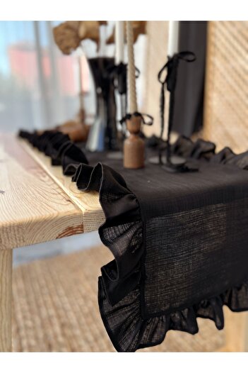 KaiHome Fırfırlı Siyah %100 Keten Kumaş Runner 50cm X 155cm