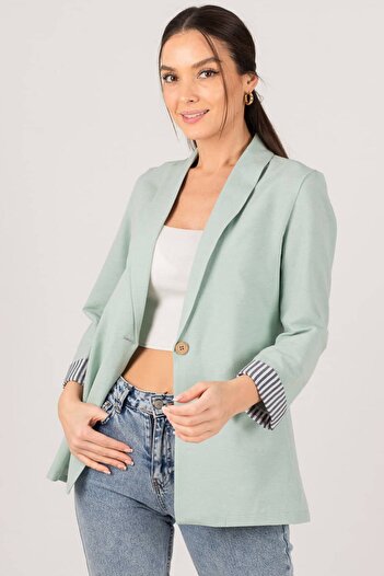 armonika Kadın Mint Kol İçi Çizgili Tek Düğmeli Ceket ARM-22K001122