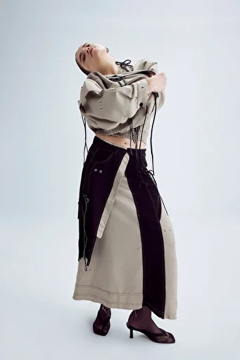 its basic Fusta de damă, bej, negru, cu design din țesătură, lungime maxi