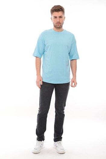 FRANCO RENZO Ανδρικό μπλουζάκι Oversize Fit 100% οργανικό βαμβάκι με χοντρή υφή με λαιμόκοψη BABY BLUE