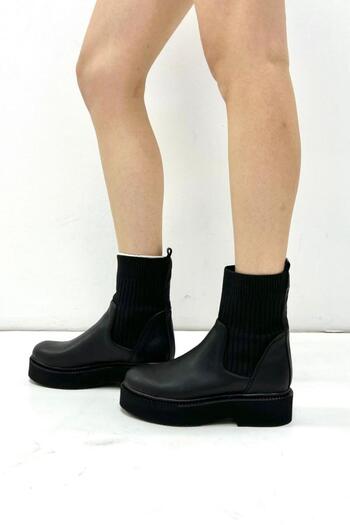 inizio Black Leather Knitwear Konç Women's Flat Boots P266