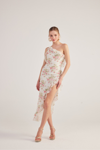 HOLLY LOLLY One Shoulder Ruffle Detailed Chiffon Amorous Dress Ecru