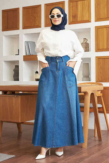 Neways 2195-Denim Mevlana Denim Skirt Dark Blue