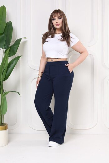 EMEZ Crepe Fabric Sewing Detailed Dark Blue Loose Trousers