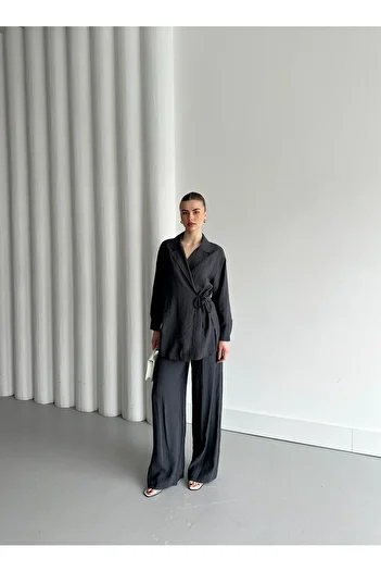Laluvia Anthracite Collar Detailed Tied Kimono Set - 8459