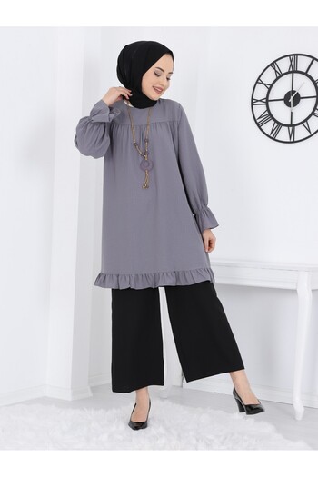 Modamorfo Wrapped Tunic with Elastic Sleeves and Frilled Skirt