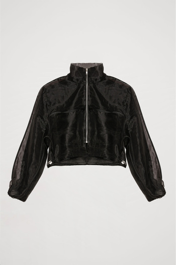 Quzu Black Bomber Jacket - Organza and Tulle Detail