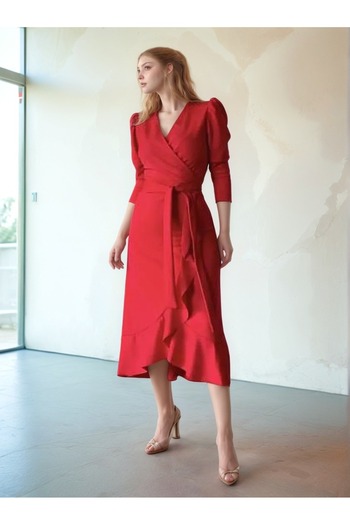 Trendusfashion Long Sleeve Asymmetrical Ruffle Midi Dress - Stylish and Elegant Design