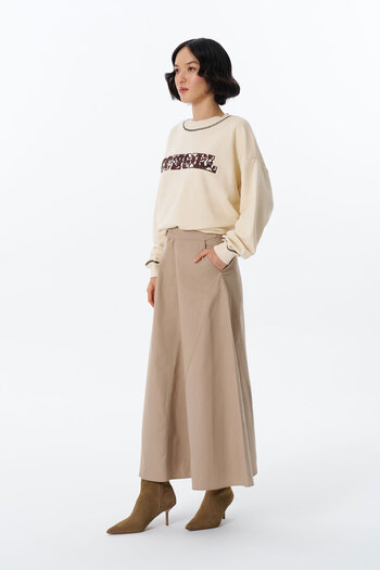 Quzu Beige Midi Skirt - Elastic Waist and Pleated