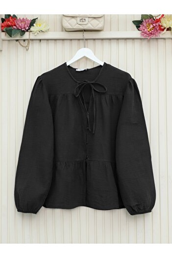 Modamorfo V-Neck Lace-Up Buttoned Muslin Shirt -Black