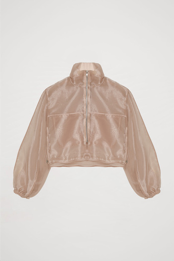 Quzu Beige Bomber Jacket - Organza and Tulle Detail