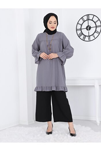Modamorfo Wrapped Tunic with Elastic Sleeves and Frilled Skirt