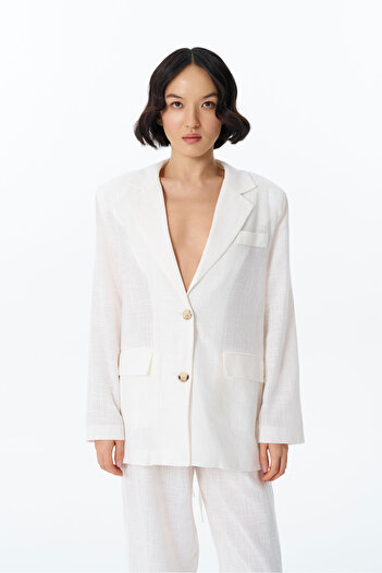 Quzu Ecru Blazer Jacket - Με λεπτές ρίγες και αξεσουάρ με κουμπιά στο μανίκι