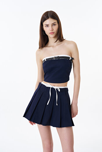 Quzu Strapless Bustier Blouse with Belt Accessories Navy Blue