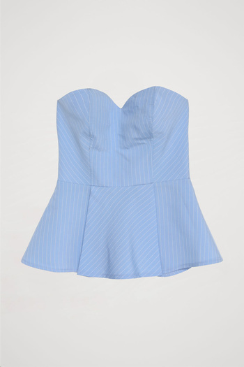 Quzu Blue Pinstripe Pleated Strapless Blouse