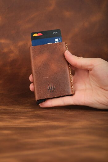 WATCHOFROYAL Cortex Slim Clot Brown Genuine Leather Compartmented Slide Mechanical Card Holder