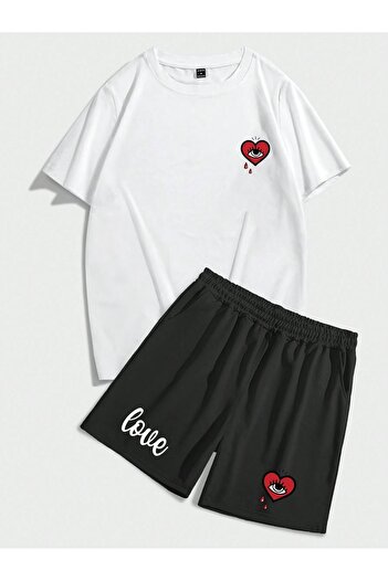 Boi Y2k Trend Love Eye - Велосипедна комір Oversize футболка та шорти, 2 предмети - Білий Чорний