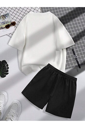 Boi Dream Front Print T-Shirt and Shorts - White Black Oversize Crew Neck Combine Suit