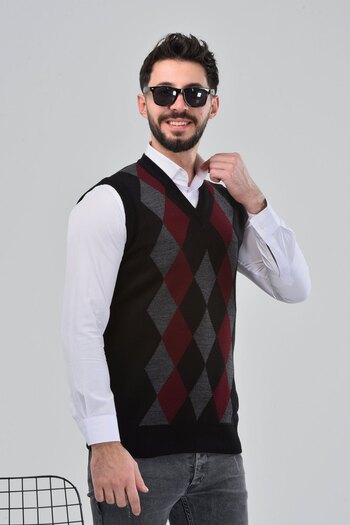 HEDEFNUR TEKSTİL Black Men's and Middle-Aged Diamond Patterned Winter Thick Knitwear V-Neck Sweater