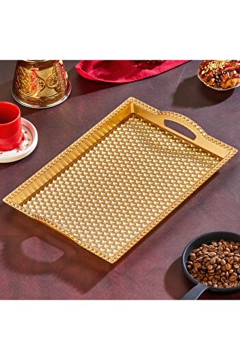 moda armanc Gold Bal Peteği Desenli Kulplu Sunum Tepsisi