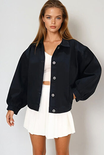 VAGGON Women's Black Double Pocket Balloon Sleeve Jean Jacket Vgn-X8010