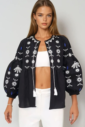 VAGGON Women's Black Balloon Sleeve Embroidered Jacket Vgn-X10541