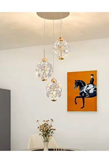 burenze Modern Led Sarkıt Avize French Gold Kristal Taşlar Şık Görsellilk Katar 3 lü