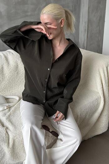 Madmext Mg2313 Model Women's Shirt - Khaki Crinkle Pattern
