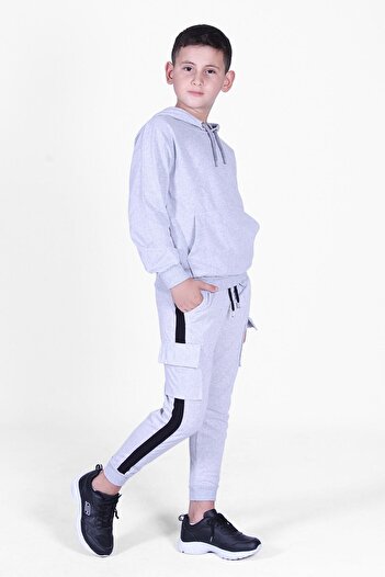 FYK KİDS Plain Kangaroo Pocket Hooded Cargo Pocket Boys' Top-Top Tracksuit Set