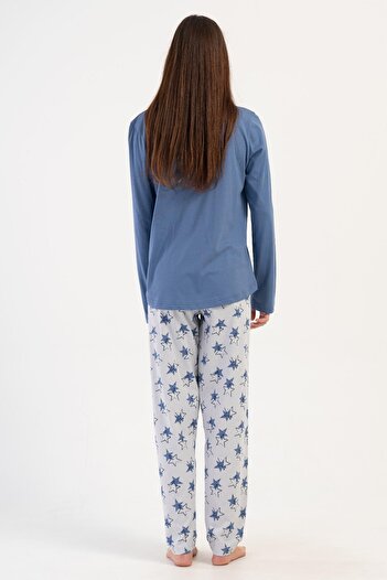 VİENETTA Kadın Büyük Beden Uzun Kol Mavi Pijama Takım C7T7N1O304