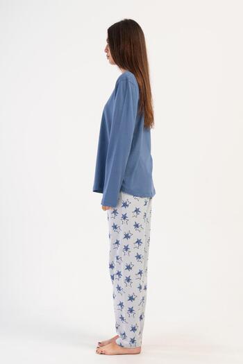 VİENETTA Kadın Büyük Beden Uzun Kol Mavi Pijama Takım C7T7N1O304