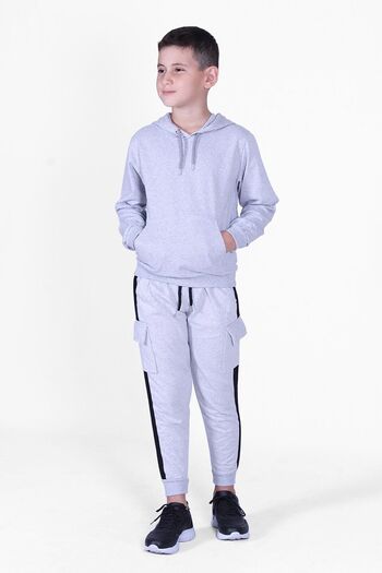 FYK KİDS Plain Kangaroo Pocket Hooded Cargo Pocket Boys' Top-Top Tracksuit Set