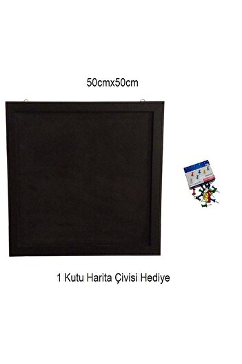 Scribo Mantar Pano 50x50 Siyah Çerçeve Siyah Zemin Harita Çivisi Hediyeli