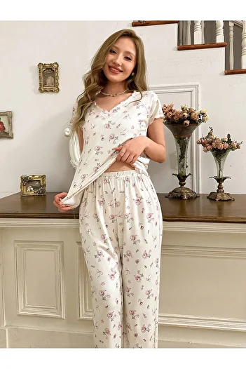 BELLA NOTTE Σετ πιτζάμες με κοντό μανίκι με βολάν με βαμβακερά λουλούδια