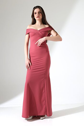 Deafox Dusty Rose Boat Neck Importované večerní šaty z krepové tkaniny