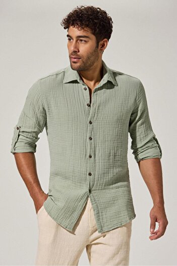 White By Nature Green Double Face Long Sleeve Men's Shirt