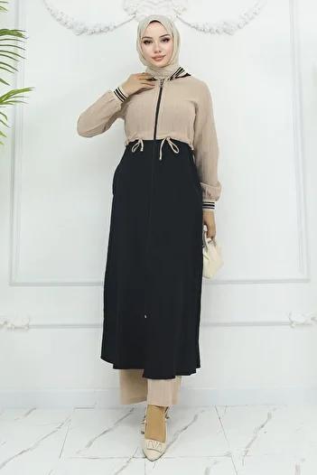 Modamihram Black Ribbed and Lace up Waist Suit - 19237