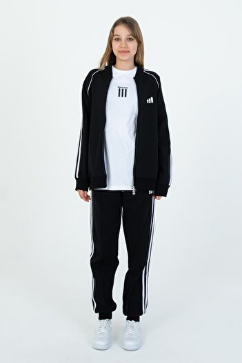 Black One Boy/Girl Sleeve Strip Detail Zippered Double Pocket 3-Piece Tracksuit Set