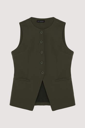 Quzu Khaki Colored Buttoned V-Cut Sleeveless Vest