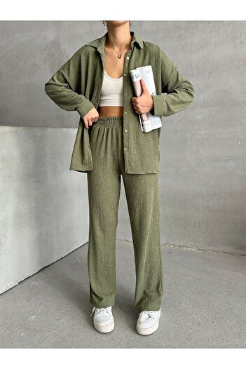 BEJNA Khaki Women's Shirt Set - Textured and Rustic