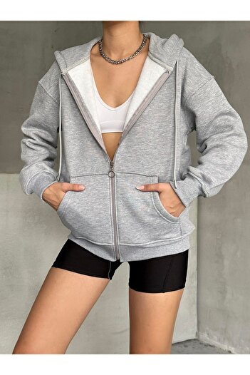 BEJNA Kadın Gri Fermuarlı Oversize Sweat Hırka