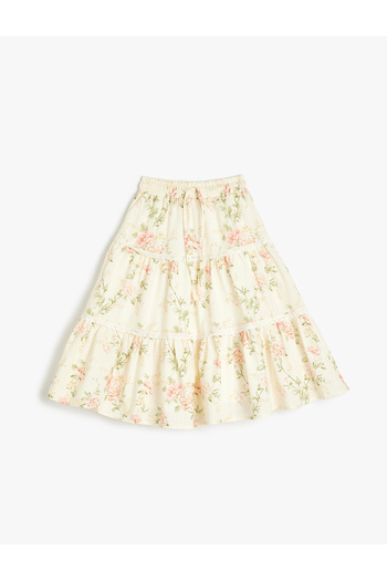Koton Floral Print Cotton Midi Skirt with Elastic Waist