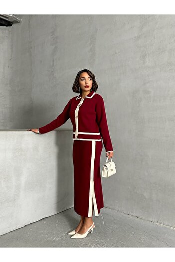 BEJNA Women's Burgundy Pearl Buttoned Skirt Knitwear Set