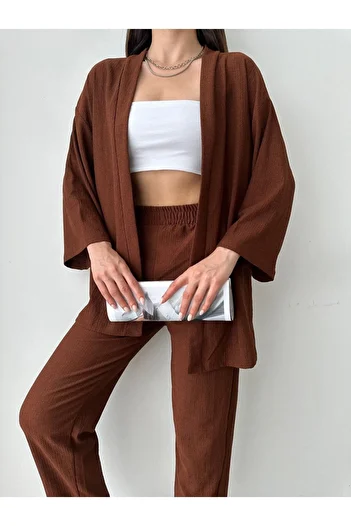BEJNA Women's Brown Kimono Trousers Knitted Set