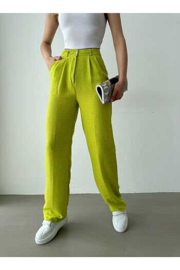 BEJNA High Waist Pistachio Green Linen Palazzo Trousers - Pleated Design